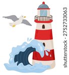 Flat vector illustration of lighthouse with ocean wave and flying seagull. Coastal nautical element for beach, sea travel, marine navigation and summer vacation design.