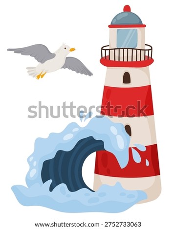 Flat vector illustration of lighthouse with ocean wave and flying seagull. Coastal nautical element for beach, sea travel, marine navigation and summer vacation design.