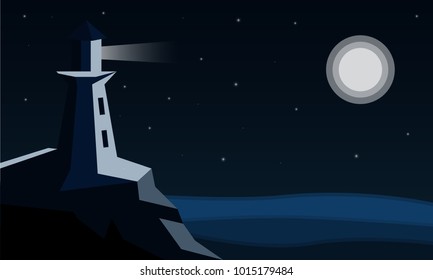 Flat vector illustration the lighthouse shines at night