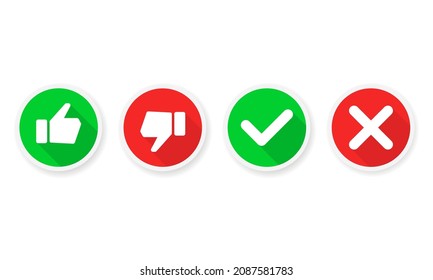 Ilustración vectorial plana del icono similar y no me gusta. Símbolo aprobado y rechazado en círculo con sombra larga. Idóneo para sondeo en medios sociales y elemento de botón de voto