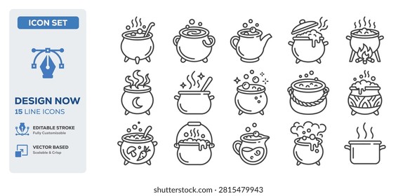 flat vector illustration line art icon bundle set design focusing on mystical magic cauldrons boiling poison brews witch cooking pots and spooky fantasy cooking UI apps
