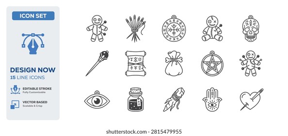 flat vector illustration line art icon bundle set design illustrating mystical voodoo magic occult wizardry spell casting witch brooms esoteric tools and ancient sorcery UI