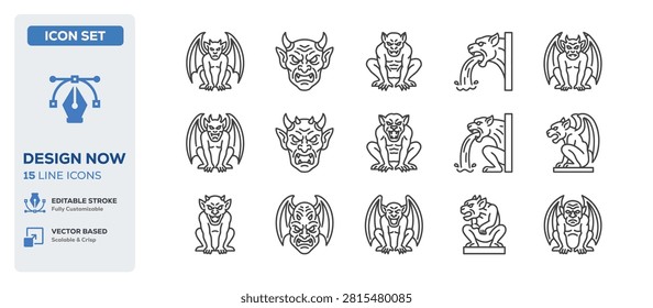 flat vector illustration line art icon bundle set design depicting ancient stone gargoyles gothic cathedral sculptures scary mythological beasts and demon creatures UI