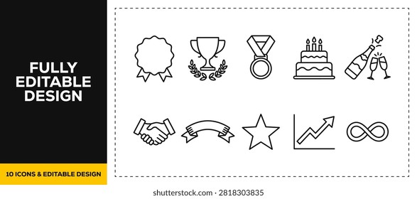 flat vector illustration line art icon bundle set design showcasing celebration birthday events party cakes rewards winning stars festive decorations achievement graphics