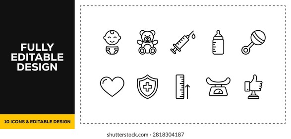 flat vector illustration line art icon bundle set design highlighting baby childcare motherhood newborn accessories infancy products children kids health toys graphic UI