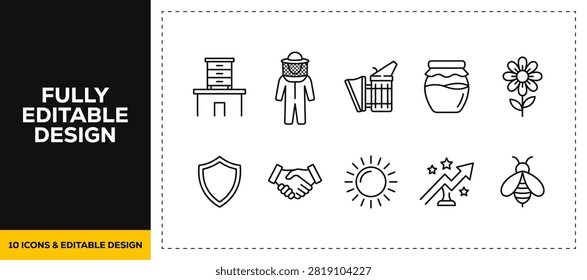 flat vector illustration line art icon bundle set design showcasing beekeeping apiculture agriculture farm honey bee insects natural organic production protection graphic