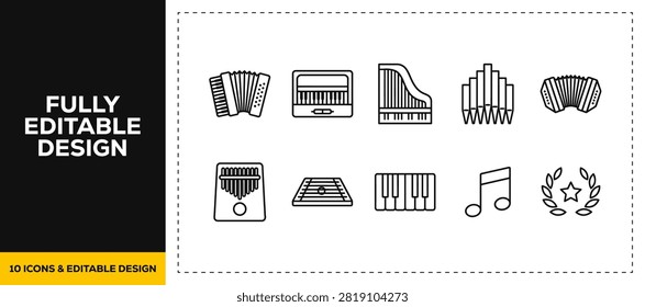 flat vector illustration line art icon bundle set design highlighting traditional musical instrument piano organ music sound melody playing audio acoustic tools graphic UI