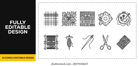 flat vector illustration line art icon bundle set design highlighting interior home decorations textiles cozy curtains needlecrafts creative fabrics needleworks hobby craft UI