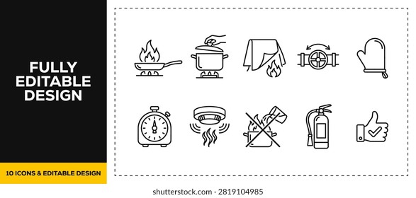 flat vector illustration line art icon bundle set design illustrating home kitchen cooking utensils hot roasting pot oven mits cooking preparation domestic tool graphic