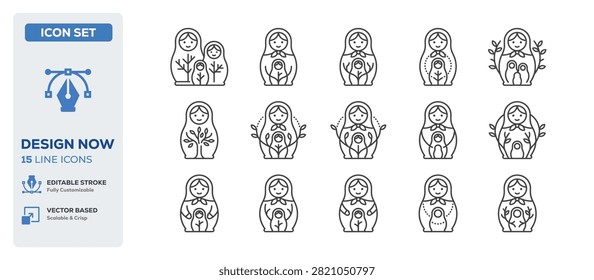 flat vector illustration line art icon bundle set design highlighting traditional russian matryoshka dolls babushka toys cultural souvenirs ethnic heritage wooden figures
