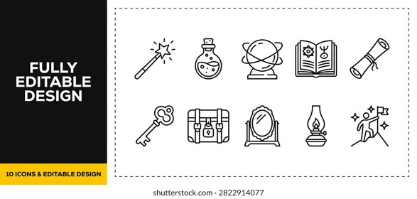flat vector illustration line art icon bundle set design illustrating mystical magic voodoo wizardry fantasy objects spell books ancient witchcraft potions history UI apps