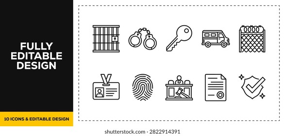 flat vector illustration line art icon bundle set design illustrating law enforcement police department security checks crime investigations and criminal hand cuffs UI app