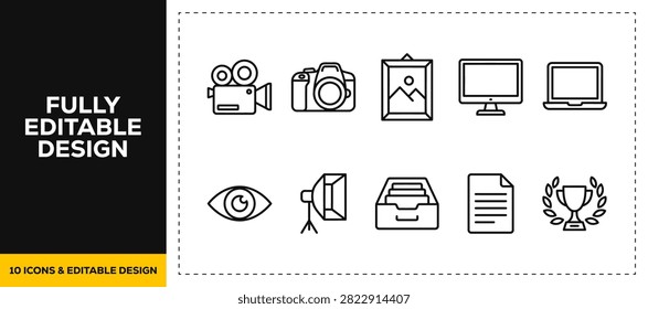 flat vector illustration line art icon bundle set design representing multimedia photography digital cameras creative workspace laptop screens and visual media graphics UI