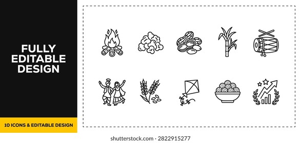 flat vector illustration line art icon bundle set design illustrating indian religious traditions cultural festival elements spiritual customs harvest farm crop graphic UI