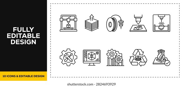 flat vector illustration line art icon bundle set design showcasing mechanical cogwheels gears and industrial production components for machine engineering website