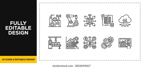 flat vector illustration line art icon bundle set design showcasing automated manufacturing robotic assembly lines and industrial production systems for tech apps