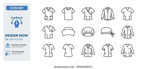 flat vector illustration line art icon bundle set design depicting professional uniforms work clothing hospital scrubs chef coats and retail employee apparel shop