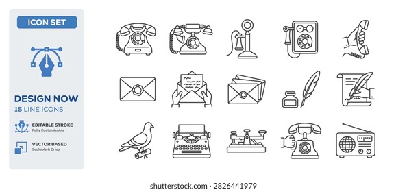 flat vector illustration line art icon bundle set design depicting classic vintage communication tools retro telephones historical typewriters ink letters and paper mails