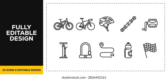 flat vector illustration line art icon bundle set design focusing on bicycle riding extreme sport gears outdoor cycling active healthy lifestyle sport equipments graphic