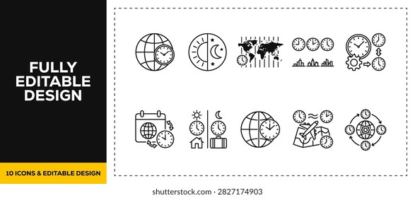 flat vector illustration line art icon bundle set design depicting global timezones world maps and timezone management symbols for international travel and business apps
