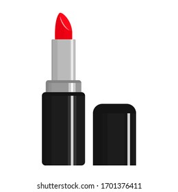 Flat vector illustration of lipstick in black open  tube. Cosmetic product icon for makeup lips. Isolated on white background