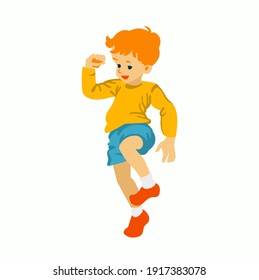 Flat vector illustration of little boy in yellow shirt and blue short. Children activity. Red hair. Jumping, playing, having fun. Hand drawn illustration. Isolated on white background. Happy child 