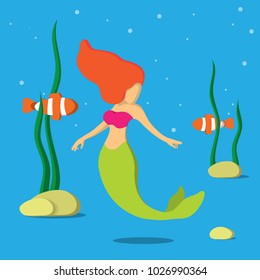 Flat Vector Illustration. Little Ginger Mermaid in the water with stones, algae and fish