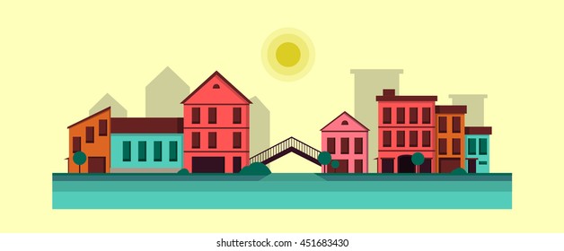 Flat vector illustration of little town with the water and the bridge in the center.