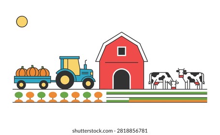 Flat vector illustration of a lively family farm with a blue tractor, a red barn, pumpkins, and spotted cows.