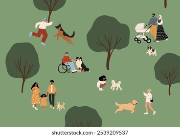 Flat vector illustration of a lively park scene. It showcases a diverse range of individuals and their dogs engaging in various outdoor activities. The scene is filled with greenery