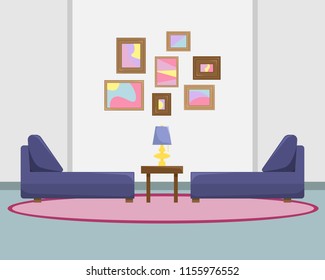 Flat vector illustration of the living room with sofas and pictures on a wall.