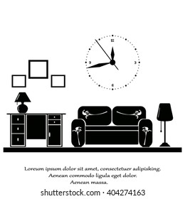 Flat vector illustration of living room with furniture. Interior of a living room. 
