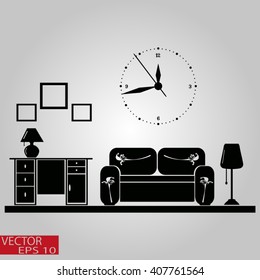 Flat vector illustration of living room with furniture. Interior of a living room. 