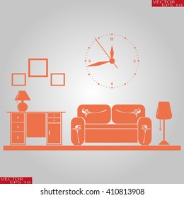 Flat vector illustration of living room with furniture. Interior of a living room. 