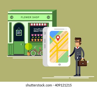 Flat vector illustration of locating closest florist using online mobile application with city map. Location of flowers shop on map. Man with bag.