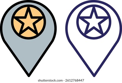 Flat vector illustration of a location icon with a star inside, representing a favorite or top place. Set includes various color versions. Isolated on white background