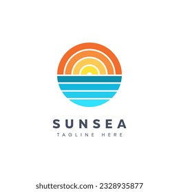 Flat vector illustration logo design Circular geometry Sun and Sea. 