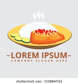 Flat Vector Illustration logo of Spicy hot fried chicken with rice. can be use for print media