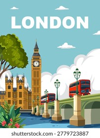 Flat vector illustration of London landmarks including Westminster Palace, bridge, and iconic red double-decker buses
