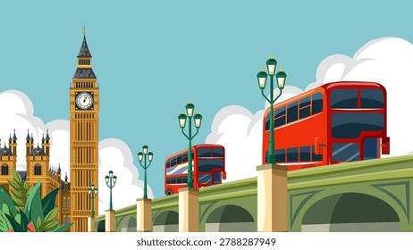 Flat vector illustration of London landmarks including Big Ben and red buses on Westminster Bridge