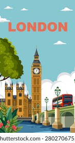Flat vector illustration of London landmarks including Elizabeth Tower, Westminster Bridge, and red bus