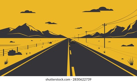A flat vector illustration of a lonely road stretching through a desert landscape with mountains under a yellow sky.
