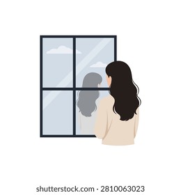 Flat vector illustration of a lonely woman looking out a glass window, seeing her own silhouette reflection against a cloudy blue sky backdrop.