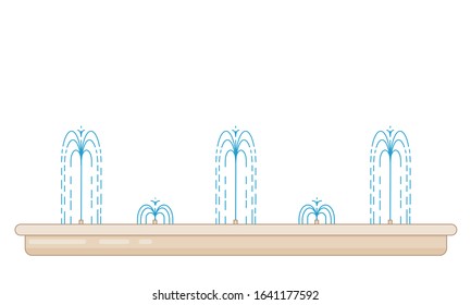 Flat vector illustration of long city fountain with five water jets. Element for city, town illustration. Isolated on white background
