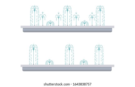 Flat vector illustration of long city fountain with five water jets. Two positions of water splash. Element for city, town illustration. Isolated on white background