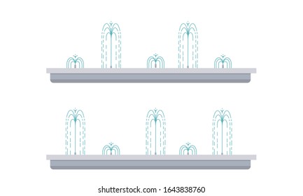 Flat vector illustration of long city fountain with five water jets. Two positions of water splash. Element for city, town illustration. Isolated on white background