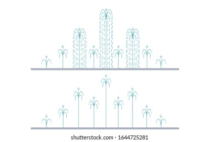 Flat vector illustration of long city fountain with nine water jets based on the ground. Two positions of water splash. Element for city, town illustration. Isolated on white background