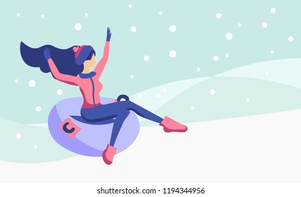Flat vector illustration of a long-haired slim girl slides off a snow slide on a tubing holding her arms up. Snowing. Young sexy woman in hat sledging at inflatable tube, snowtubing outdoors in winter