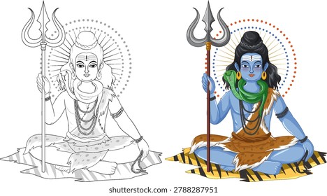 A flat vector illustration of Lord Shiva sitting in meditation with trident and snake.