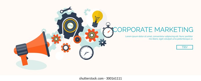 Flat vector illustration. Loudspeaker, bulb, watch. Concept background. Management and marketing. New ideas.